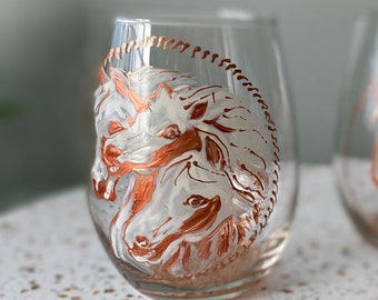 Wine Glass, Horses Wineglass, Hand Painted Horse, Unique Gift, Copper and White Wine Glass