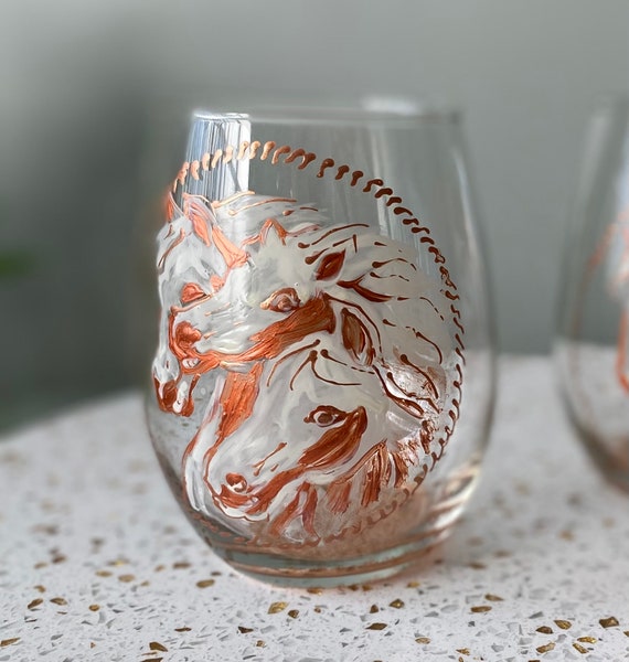 Hand Painted Horse Wine Glass: Copper & White Horseracing Decor - Etsy
