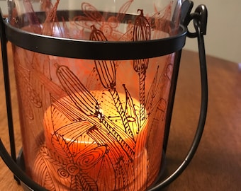 Lantern Dragonfly Cattails Copper Wrought Iron Candleholder Light  Hand Painted Candleholder