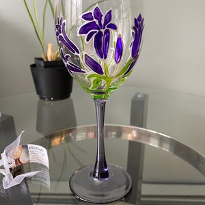 Wine Glass, Purple Flowers Wine Glass, Hand Painted Purple and Green
