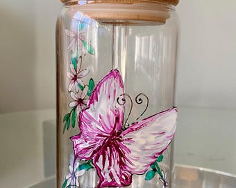 Pink Butterfly Glass Tumbler with Straw & Bamboo Lid