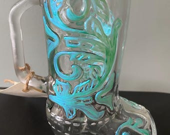 Hand-Painted Glass Beer Boot – Upcycled Barware, Clear & Blue Eco-Friendly Mug