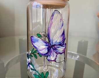 Hand Painted Butterfly Glass Tumbler with Lid & Straw Dry January