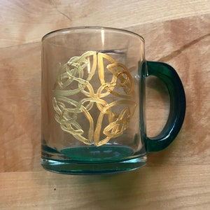 Dara Knot Coffee Mug, Irish Celtic Knot Coffee Mug, Glass mug, Celtic mug, Hand Painted Gold and Green