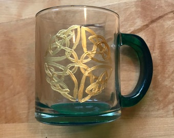 Coffee Mug, Irish Celtic Knot Coffee Mug, Glass mug, Celtic mug, Hand Painted Gold and Green