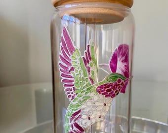 Hand Painted Hummingbird Glass Tumbler with Straw & Lid Dry January Upgrade