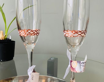 Wedding Set Glass, Champagne Set, Flutes, Toasting Glasses, Copper and White, Wedding, Anniversary