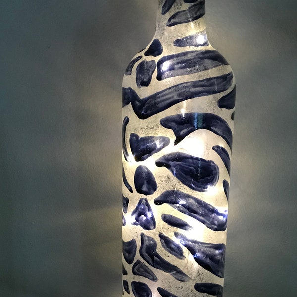 Zebra Stripes Tiki Torch, Fairy Lights, Wine Bottle, Indoor Outdoor Candle, Hand Painted Ambience