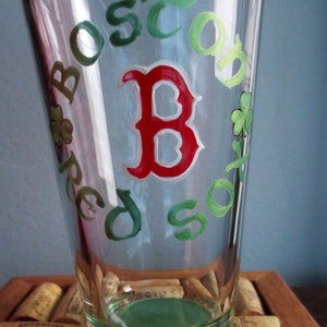 Beer Glass, Boston Red Sox Beer Glass, Green Shamrocks, Hand Painted Made to Order, Red Sox, Boston Beer
