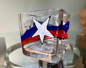 USA Flag Votive, Stars & Stripes Glass Container, Red White Blue Stars, Patriotic Candleholder, Vase, Fairy Lights
