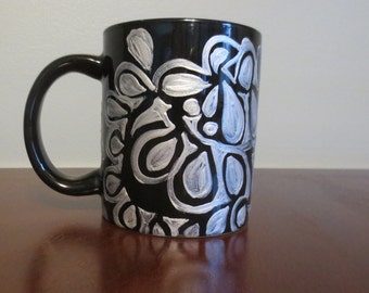 Black and Silver Coffee Mug Hand Painted Paisley Design