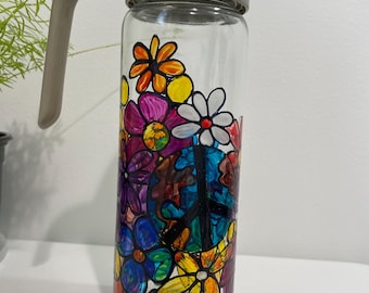 Hippie Design Syrup Dispenser, Hand Painted Glass Coffee Syrups Jar, Peace Sign