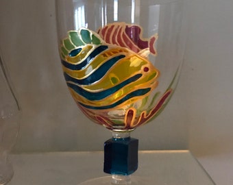 Tropical Fish Wine Goblet: Hand-Painted Beach Bar Glass