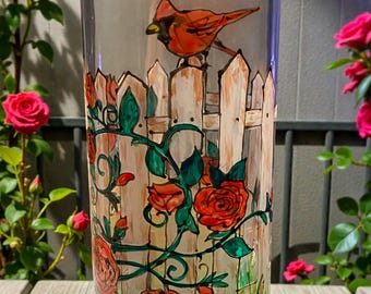 Vase Cardinals on Fence Roses Hand Painted Glass Floral