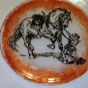 Glass Plate, Horse Decor, Child Plate, Vintage Look,Serving Plate Sketch Hand Painted Black and Copper