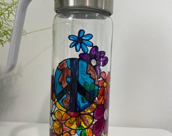 Retro Flower Power Syrup Dispenser, Hand Painted Glass Coffee Syrups Jar, Peace Sign
