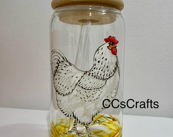 Hand Painted Rooster Glass Tumbler: Farmhouse Decor with Lid & Straw Dry January