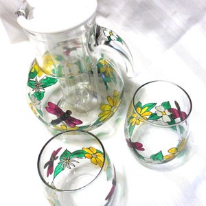 Hand Painted Wine Bar Set: Dragonfly & Flower Pitcher with Stemless Glasses