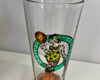 Large Hand Painted Boston Celtics Fan Glass, Beer Glass, Celtics Basketball Fan Gift