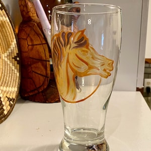 Hand Painted Horse Beer Glass: Copper & Gold Pint Glass