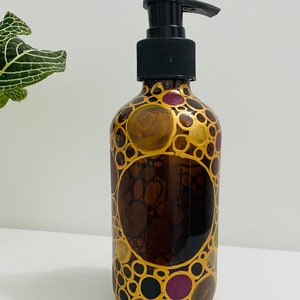 Pump Dispenser, Modern Metallic Circles Design, Soap Dispenser, Lotions and Potions, Amber Glass Essential Oils