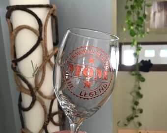Mom Wine Glass, The Woman the Myth the Legend, Copper, Hand Painted