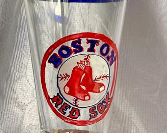 Red Sox Beer Glass, Unique Blue Stripe Rim, Boston Sports Fan Glass Hand Painted