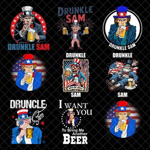 Puede incluir: Una colección de ilustraciones patrióticas con el Tío Sam con cerveza, fuegos artificiales y banderas americanas. El texto incluye "Drunkle Sam", "4th of July" y "I Want You To Bring Me Another Beer".