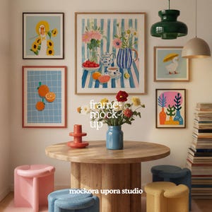 Maqueta de arte mural de galería en formato PSD, exhibición de pósteres con varios marcos (descarga digital)