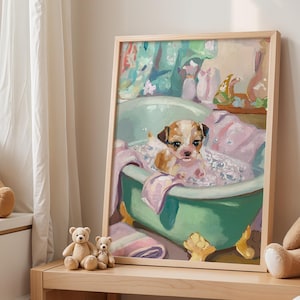 Welpe im Bad Wand Kunst Poster, gemütliche Welpen Dekor für Tierliebhaber, Baby Shower Geschenk, Kinderzimmer Wand Kunst, Kinderzimmer Dekoration