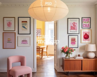 May include: A room interior with framed art prints, a pink chair, and a wooden cabinet. The art includes Matisse-inspired designs and food illustrations. A large, round paper lantern hangs from the ceiling, and the text "frame mockup" is visible.