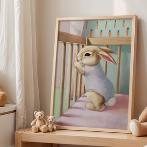 Hase in Krippe Poster, süßes Häschen Dekor für Tierliebhaber, Babypartygeschenk, Kinderzimmer Wandkunst, Kinderzimmer Dekoration