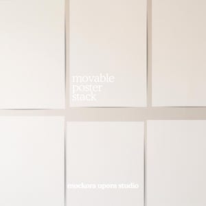 May include: A stack of white, rectangular posters arranged on a light beige background. The words "movable poster stack" are printed in white, along with "mockora upora studio". The posters are evenly spaced, creating a grid-like pattern.