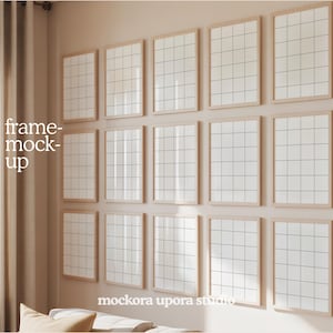 ギャラリーウォール モックアップ PSD、15 インチ木製フレーム、DIN A4、4:3 (デジタルダウンロード)