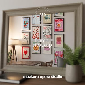 May include: A framed wall art mockup featuring a collection of framed illustrations with various designs. The illustrations include images of cherries, fish, cocktails, and pasta. The frame is a light gray color.
