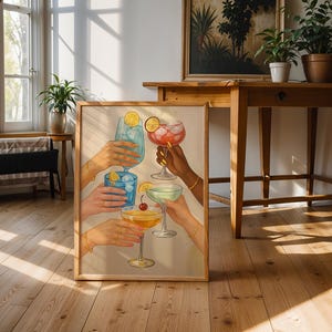 Plakat „Bar Cart Cheers” | Modna sztuka ścienna z napojami w stylu vintage do wystroju domowego baru | Retro wydruk artystyczny do kuchni
