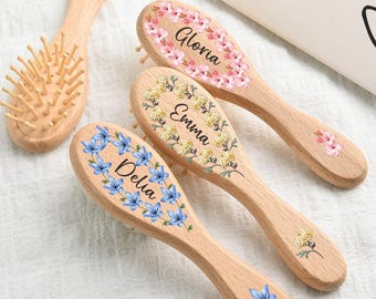 Spersonalizowany zestaw szczotek do włosów dla niemowląt z motywem kwiatowym, spersonalizowana drewniana szczotka dla niemowląt z imieniem, pamiątka z chrztu, szczotka do włosów dla druhny, prezent dla dziewczynki sypiącej kwiaty