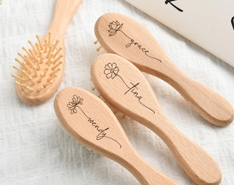 Gepersonaliseerde gegraveerde geboortebloem babyhaarborstel, aangepaste babynaamborstel, doopcadeau baby meisjes jongens, aandenken baby, cadeau nieuwe ouder