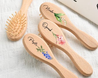 Aangepaste geboortebloem babyhaarborstel, naam houten borstel, kraamcadeau, baby aandenken cadeau, perfecte pasgeboren babycadeau, verzorgingsset baby