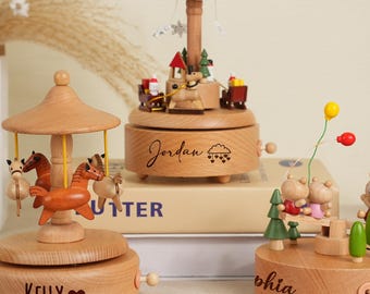 Personalized Wooden Music Box, Musical Wooden Ballerina Carousel, Baby Shower Gift, Birthday Gift for Kids, Newborn Baby Keepsake