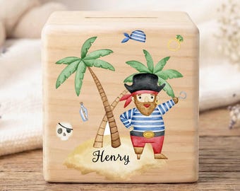 Hucha pirata personalizada para niños, caja de dinero de la isla del tesoro, regalo náutico para la habitación infantil, hucha para niños.