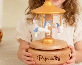 Luxury Wooden Carousel Music Box, Personalized Baby Name Gift, Elegant Nursery Decor, Baby Shower Gift, Wooden Nursery Decor, 1st Birthday