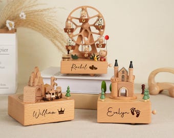 Boîte à musique en bois gravée personnalisée, boîte à musique carrousel ballerine, cadeau souvenir de bébé pour les enfants, cadeau de baby shower, cadeau nouveau-né, cadeau de Noël