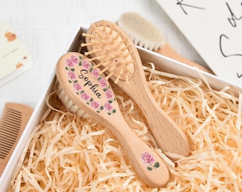 Aangepaste bloemenborstel met naam, aangepaste houten babyborstel, aandenken babycadeau