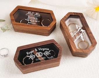 Gepersonaliseerde trouwringdoos, houten trouwringdoos met dubbele sleuf, ringdoos verlovingsceremonie, brede houten dubbele ringdoos, gepersonaliseerde trouwringdoos