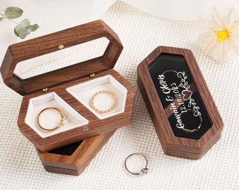 Gepersonaliseerde notenhouten trouwringdoos, gegraveerde voorstelhouder, houten ringhouder met dubbele sleuf, doos ringdrager, trouwceremonie ringhouder