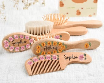 Gepersonaliseerde houten babyhaarborstelset, aandenken voor meisje of jongen, aangepast verjaardagscadeau baby, houten haarborstel en kam voor cadeaus pasgeborenen