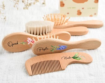 Aangepaste geboortebloem babyhaarborstel, babynaamborstel, babyshowercadeau, doop babycadeau, cadeau nieuwe ouders, aandenken voor meisje of jongen