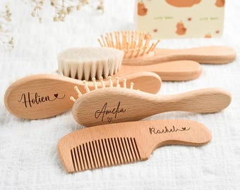 Gepersonaliseerde babyborstel en kam, houten babyhaarborstel, gegraveerde naamborstel, babyshower, cadeau nieuwe moeder, cadeau pasgeborene