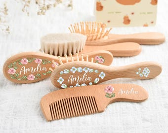 Gepersonaliseerde houten babyhaarborstelset, houten borstel en kam, doopherinnering, doopcadeau